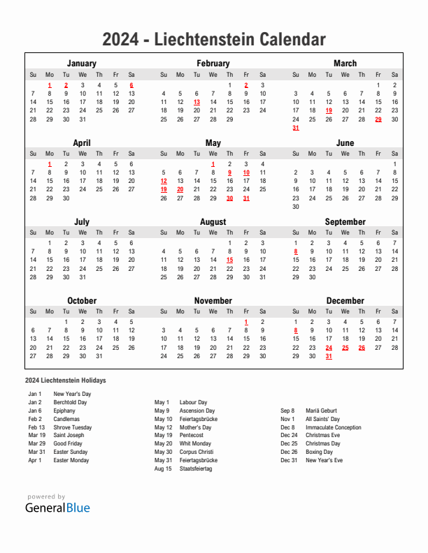 Year 2024 Simple Calendar With Holidays in Liechtenstein