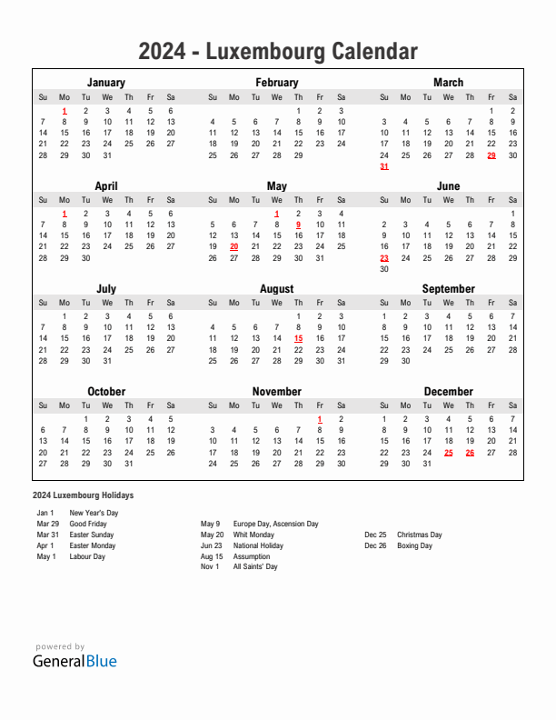 Year 2024 Simple Calendar With Holidays in Luxembourg