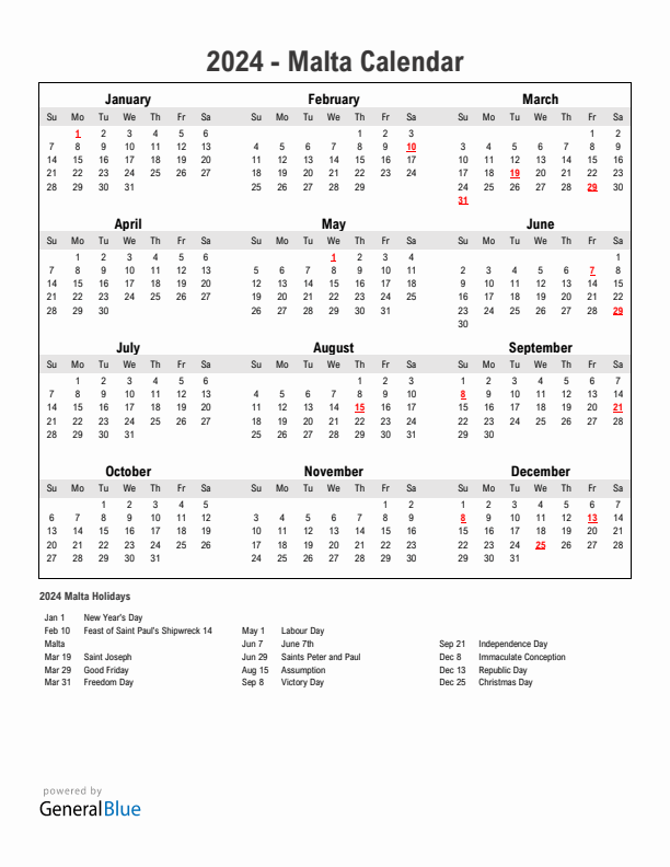 Year 2024 Simple Calendar With Holidays in Malta