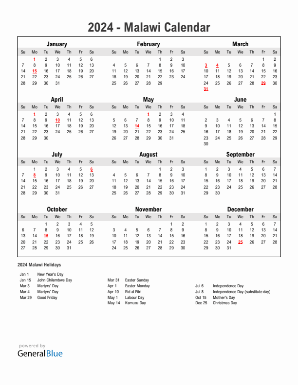 Year 2024 Simple Calendar With Holidays in Malawi