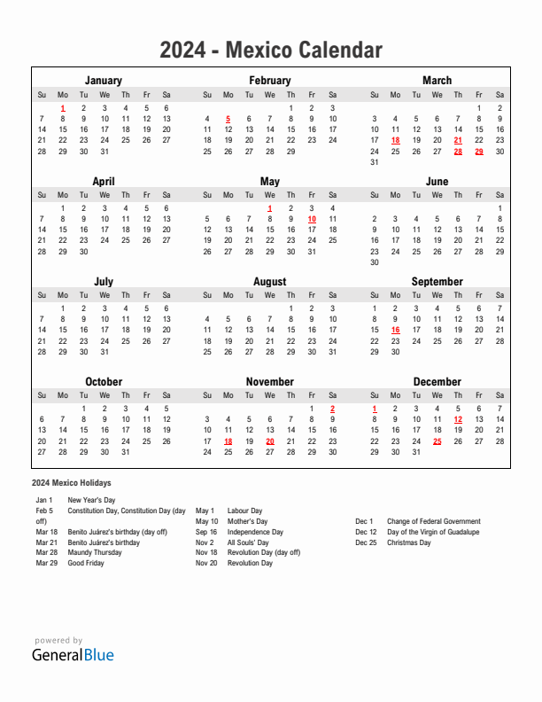 Year 2024 Simple Calendar With Holidays in Mexico