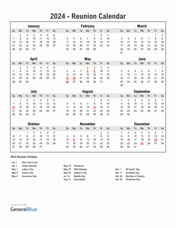 Year 2024 Simple Calendar With Holidays in Reunion