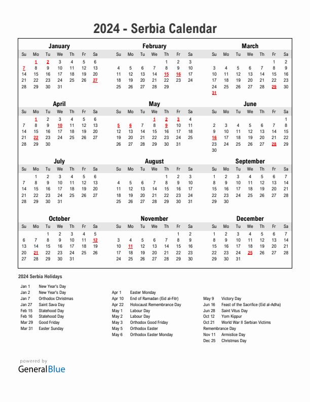 Year 2024 Simple Calendar With Holidays in Serbia