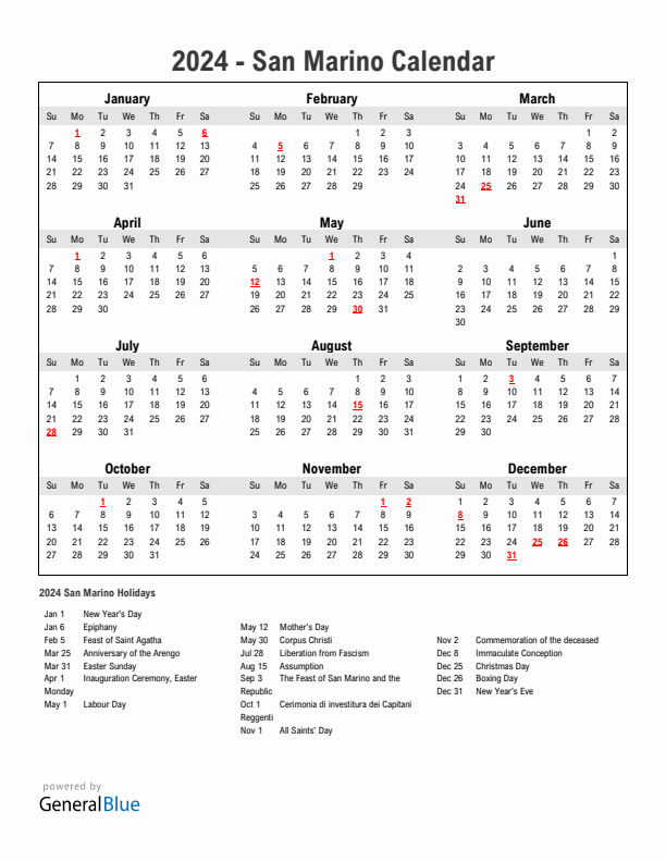 Year 2024 Simple Calendar With Holidays in San Marino