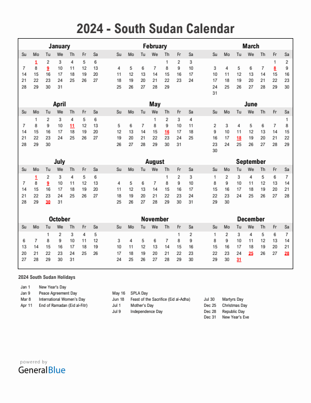 Year 2024 Simple Calendar With Holidays in South Sudan