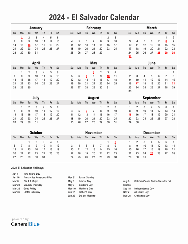 Year 2024 Simple Calendar With Holidays in El Salvador