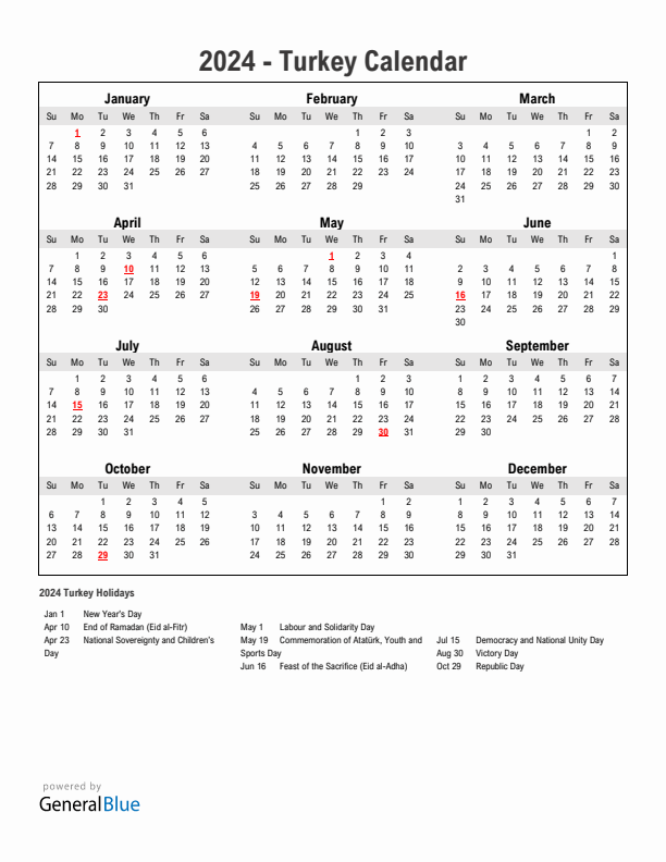 Year 2024 Simple Calendar With Holidays in Turkey