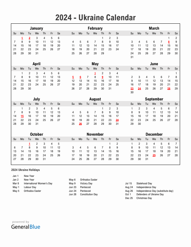 Year 2024 Simple Calendar With Holidays in Ukraine