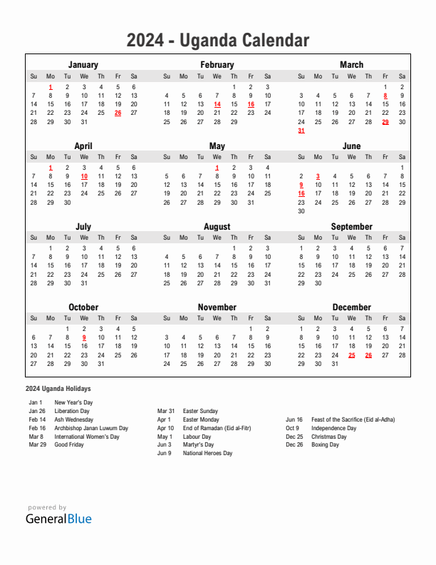 Year 2024 Simple Calendar With Holidays in Uganda