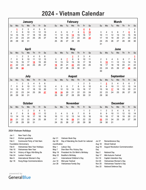 Year 2024 Simple Calendar With Holidays in Vietnam