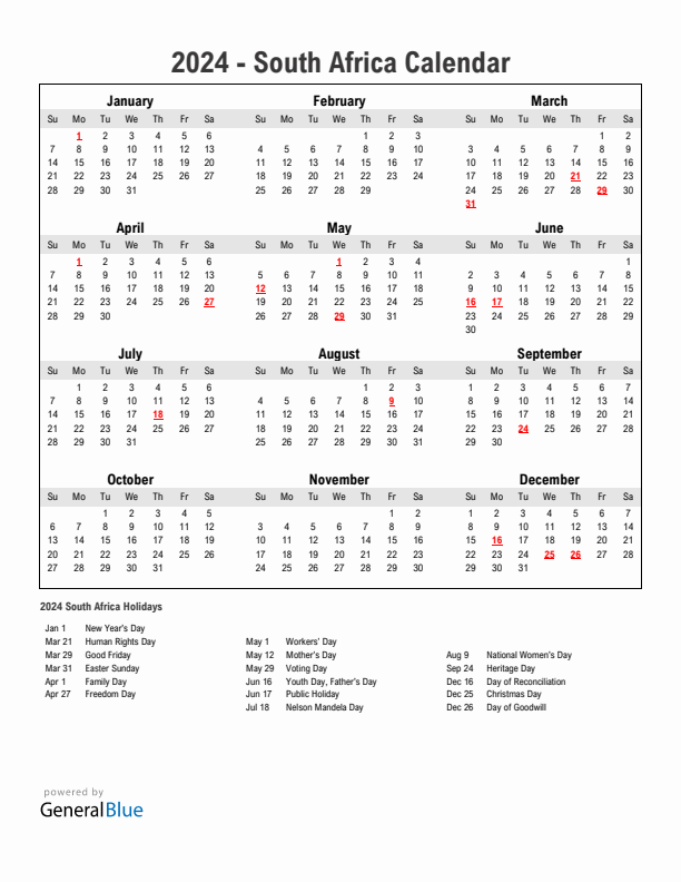 Year 2024 Simple Calendar With Holidays in South Africa