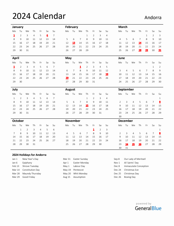 Standard Holiday Calendar for 2024 with Andorra Holidays 