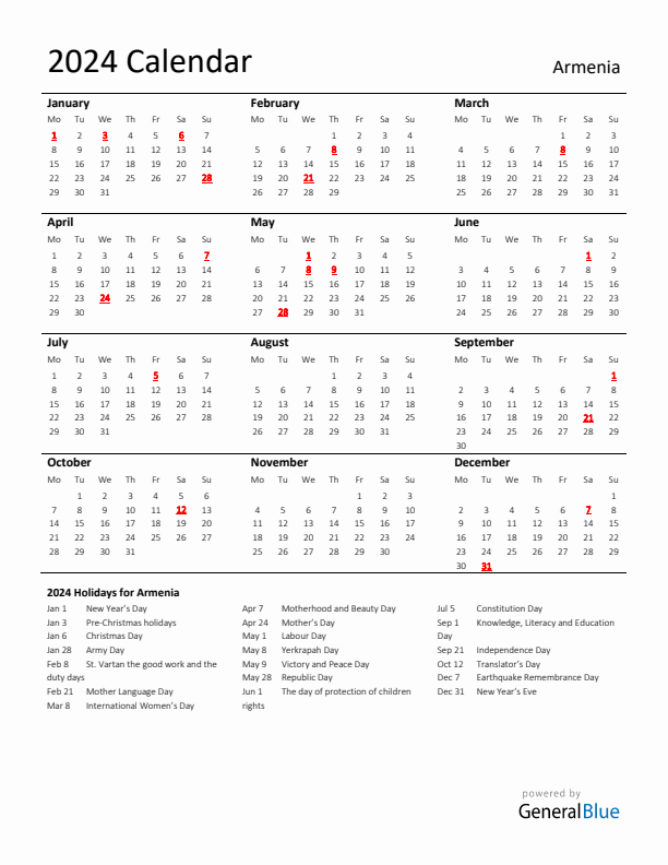 Standard Holiday Calendar for 2024 with Armenia Holidays 