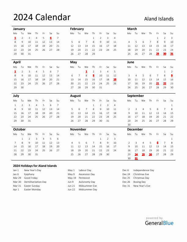 Standard Holiday Calendar for 2024 with Aland Islands Holidays 