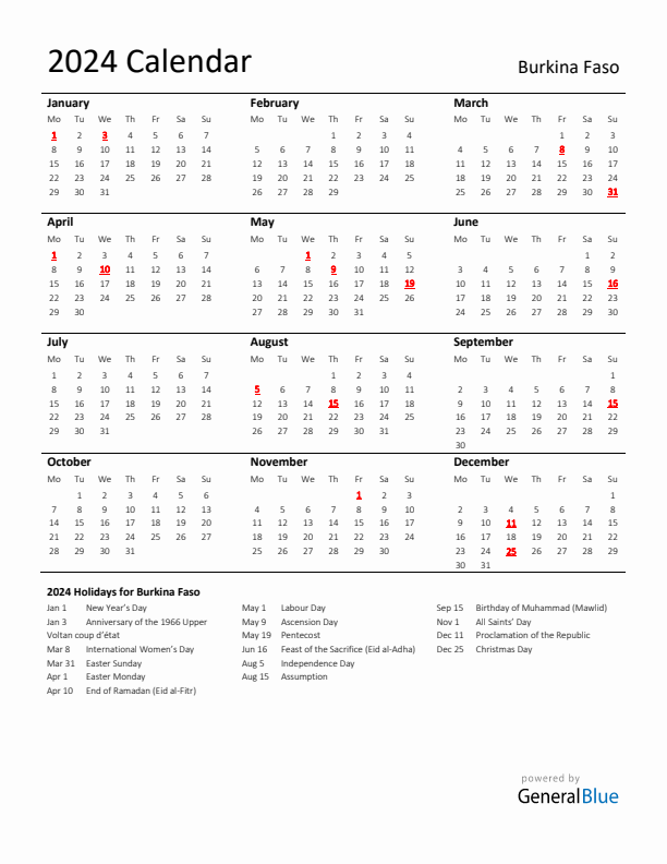 Standard Holiday Calendar for 2024 with Burkina Faso Holidays 