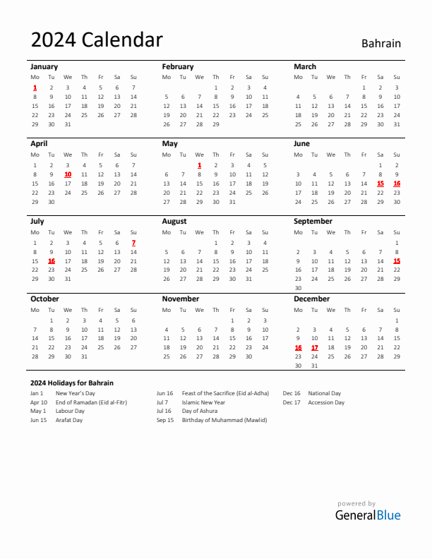 Standard Holiday Calendar for 2024 with Bahrain Holidays 