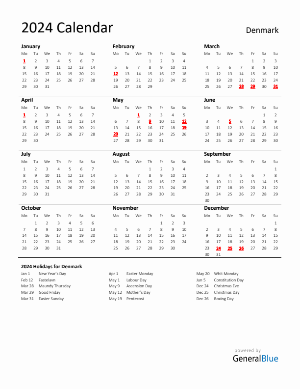 Standard Holiday Calendar for 2024 with Denmark Holidays 