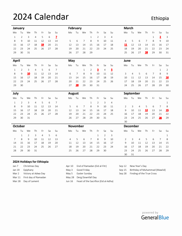 Standard Holiday Calendar for 2024 with Ethiopia Holidays 