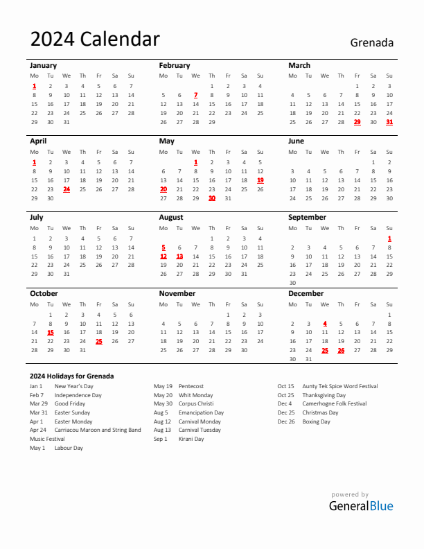 Standard Holiday Calendar for 2024 with Grenada Holidays 