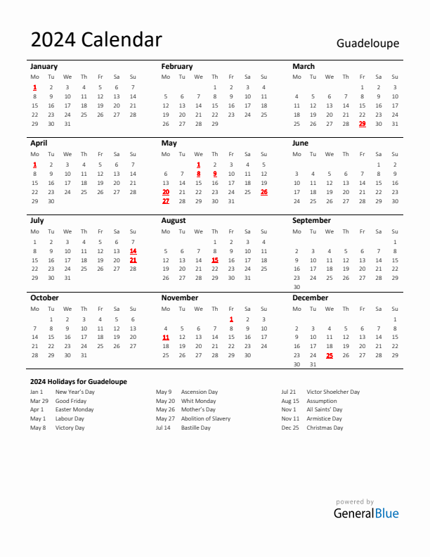 Standard Holiday Calendar for 2024 with Guadeloupe Holidays 