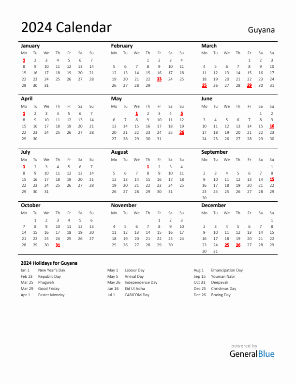 Standard Holiday Calendar for 2024 with Guyana Holidays 