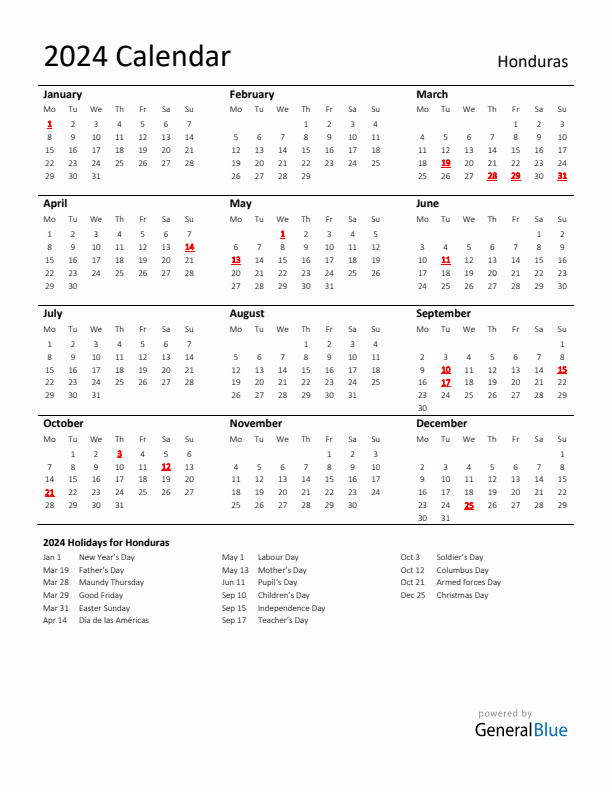 Standard Holiday Calendar for 2024 with Honduras Holidays 