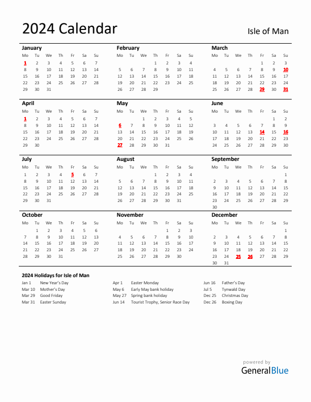 Standard Holiday Calendar for 2024 with Isle of Man Holidays 