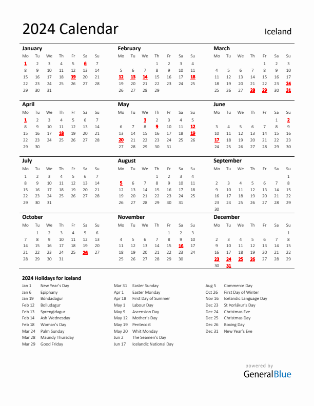 Standard Holiday Calendar for 2024 with Iceland Holidays 