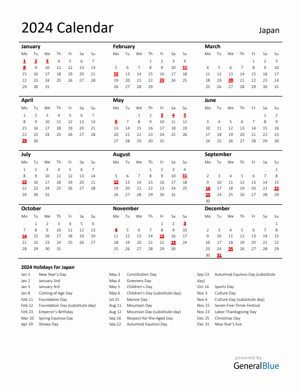 Standard Holiday Calendar for 2024 with Japan Holidays 