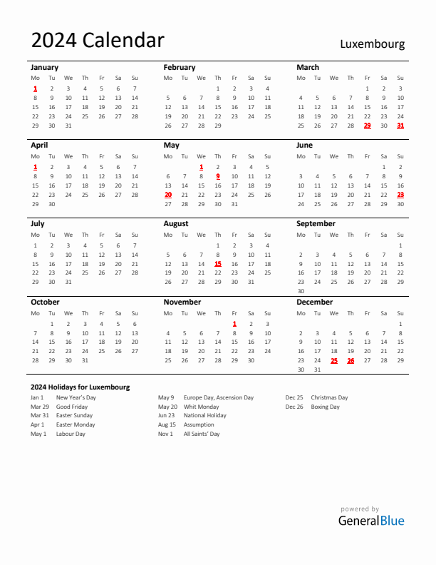 Standard Holiday Calendar for 2024 with Luxembourg Holidays 