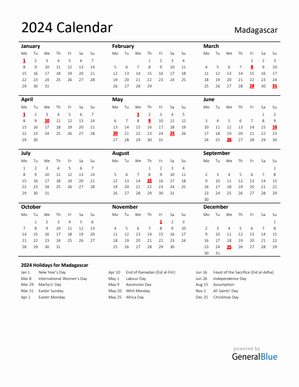 Standard Holiday Calendar for 2024 with Madagascar Holidays 