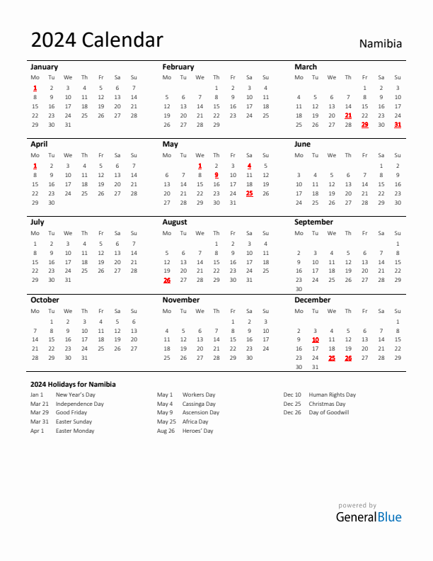 Standard Holiday Calendar for 2024 with Namibia Holidays 