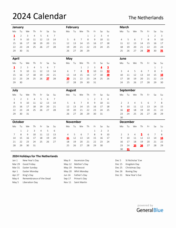 Standard Holiday Calendar for 2024 with The Netherlands Holidays 