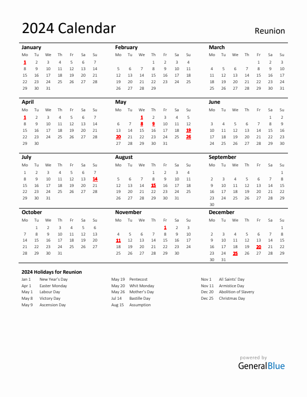 Standard Holiday Calendar for 2024 with Reunion Holidays 