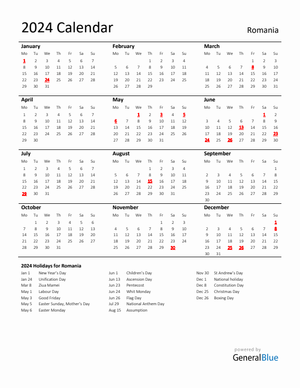 Standard Holiday Calendar for 2024 with Romania Holidays 