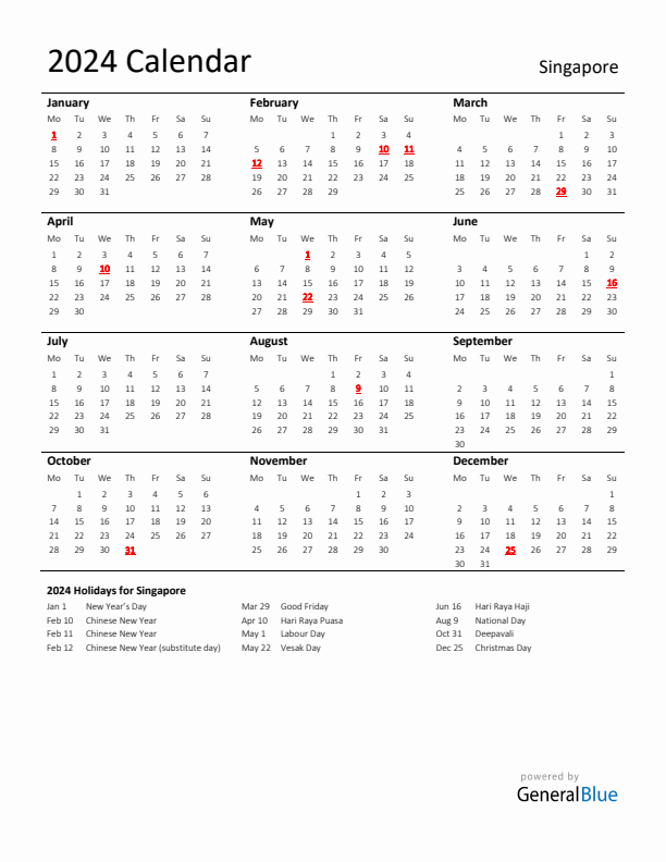 Standard Holiday Calendar for 2024 with Singapore Holidays 