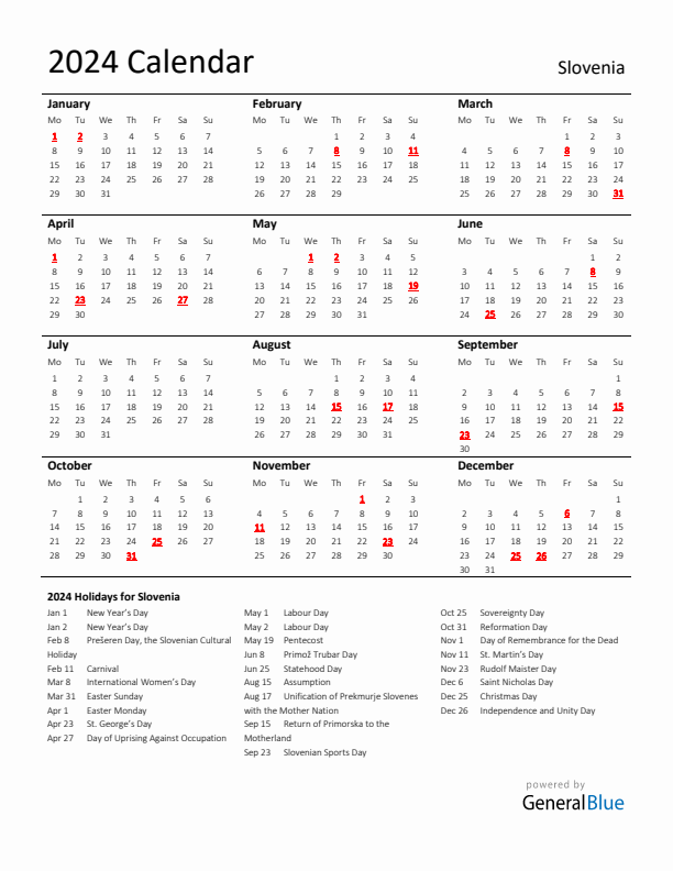 Standard Holiday Calendar for 2024 with Slovenia Holidays 