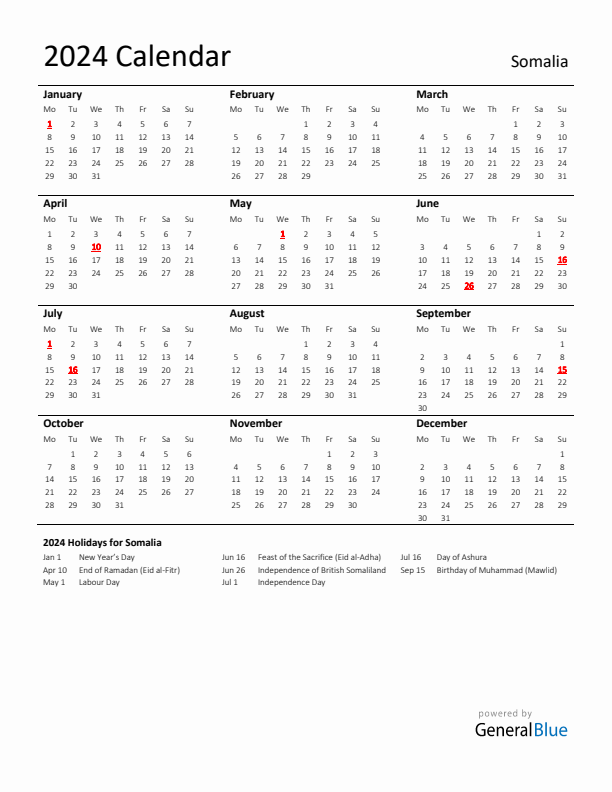 Standard Holiday Calendar for 2024 with Somalia Holidays 