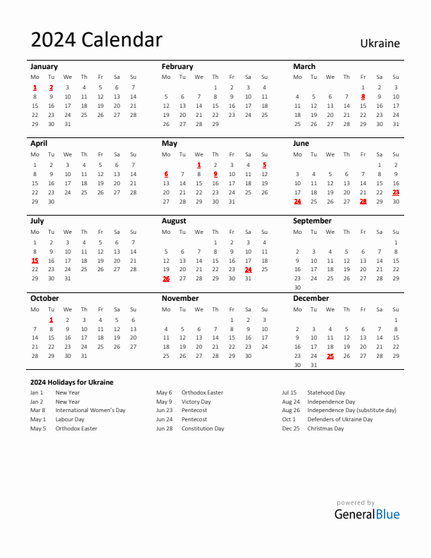 Standard Holiday Calendar for 2024 with Ukraine Holidays 