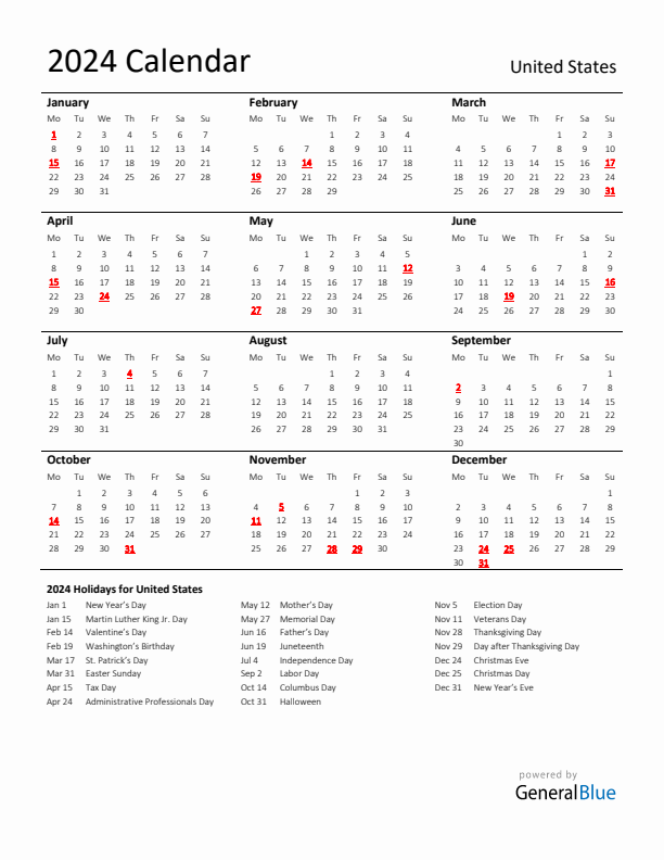 Standard Holiday Calendar for 2024 with United States Holidays 