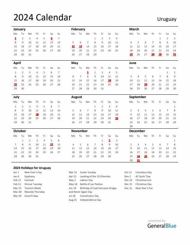 Standard Holiday Calendar for 2024 with Uruguay Holidays 