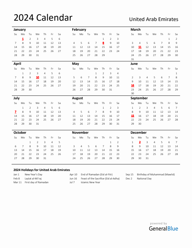 Standard Holiday Calendar for 2024 with United Arab Emirates Holidays 