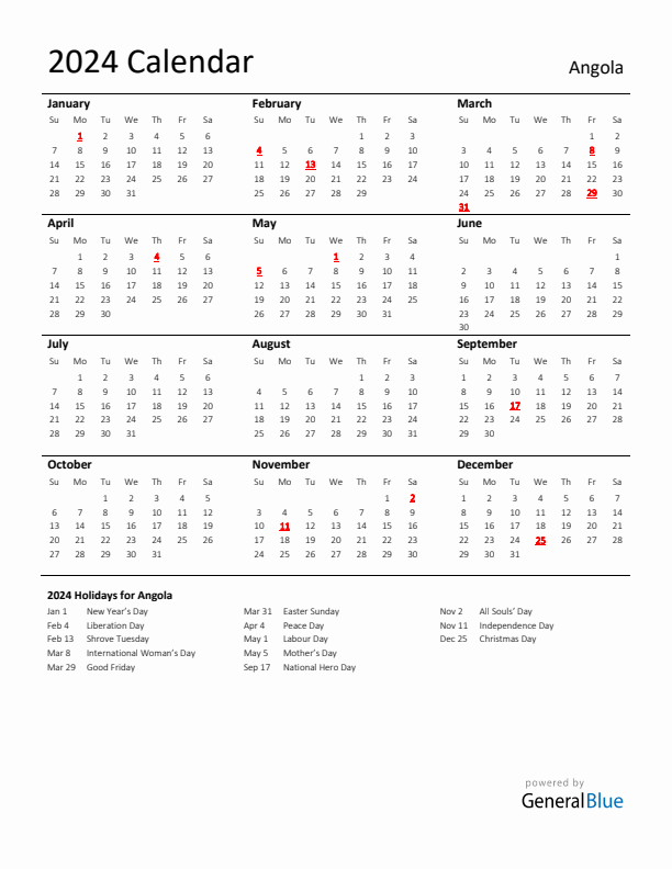 Standard Holiday Calendar for 2024 with Angola Holidays 