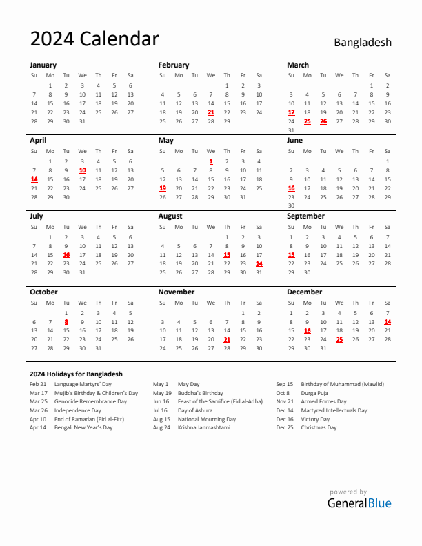 Standard Holiday Calendar for 2024 with Bangladesh Holidays 