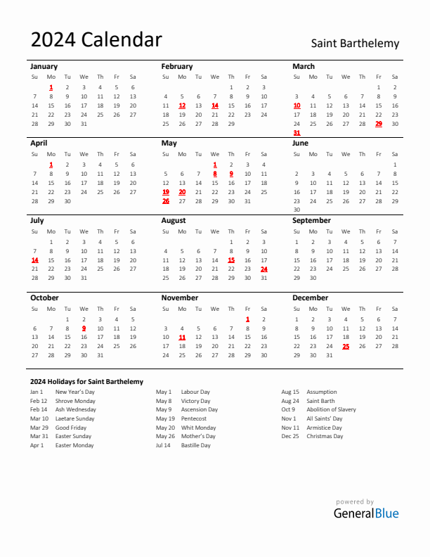 Standard Holiday Calendar for 2024 with Saint Barthelemy Holidays 