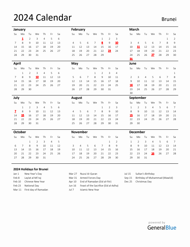 Standard Holiday Calendar for 2024 with Brunei Holidays 