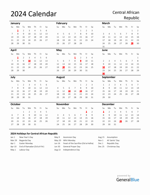 Standard Holiday Calendar for 2024 with Central African Republic Holidays 