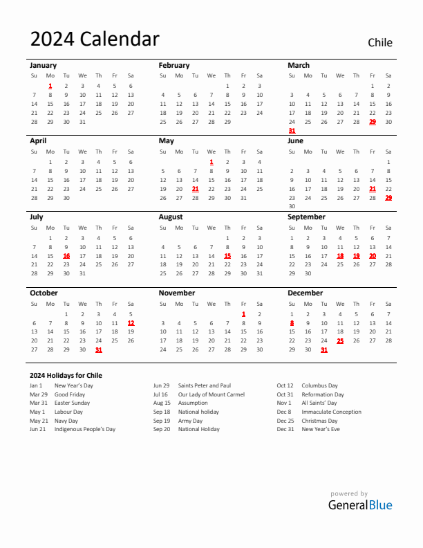 Standard Holiday Calendar for 2024 with Chile Holidays 