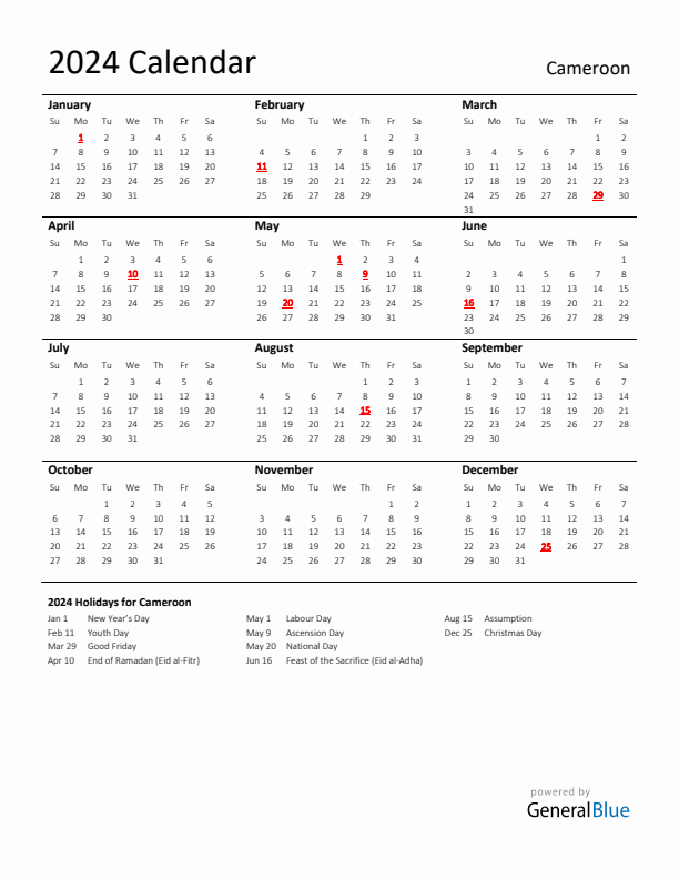 Standard Holiday Calendar for 2024 with Cameroon Holidays 