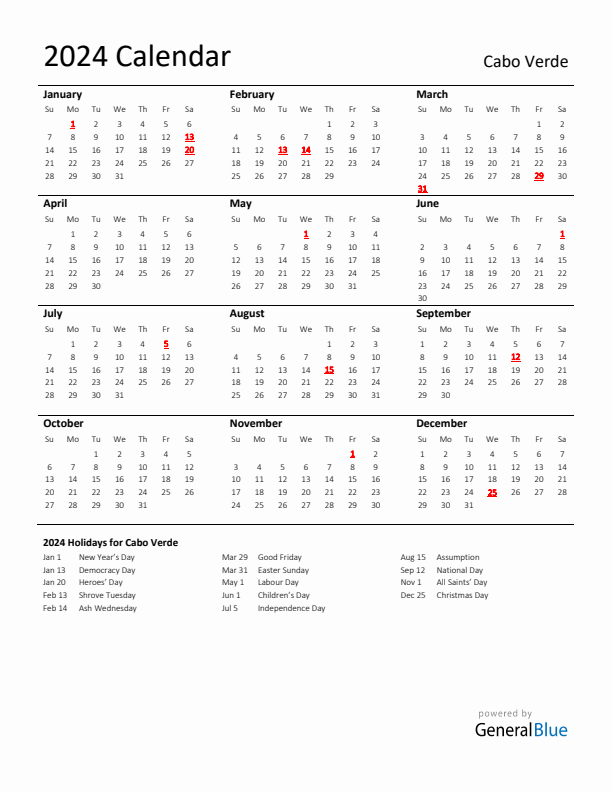 Standard Holiday Calendar for 2024 with Cabo Verde Holidays 